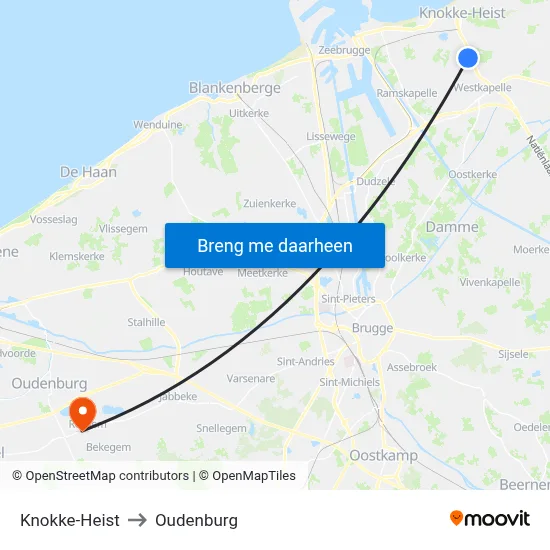 Knokke-Heist to Oudenburg map