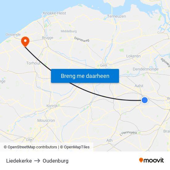 Liedekerke to Oudenburg map