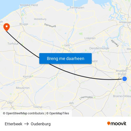 Etterbeek to Oudenburg map