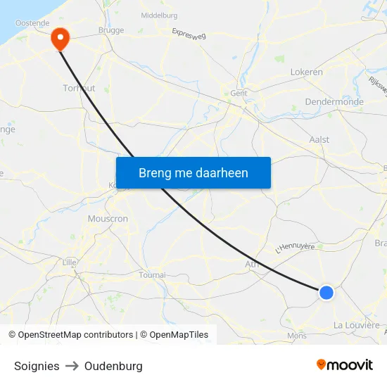 Soignies to Oudenburg map