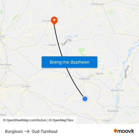 Borgloon to Oud-Turnhout map