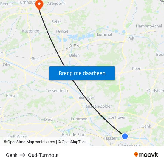 Genk to Oud-Turnhout map