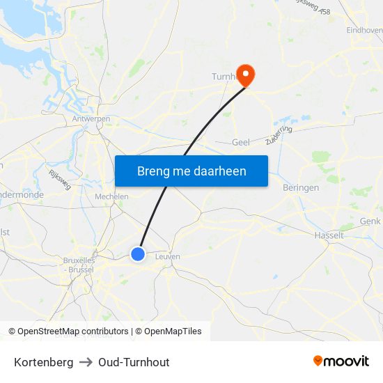 Kortenberg to Oud-Turnhout map