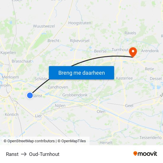 Ranst to Oud-Turnhout map