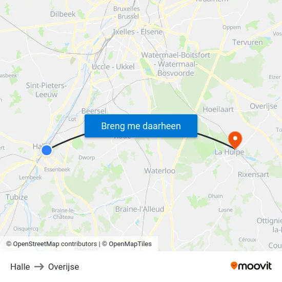 Halle to Overijse map
