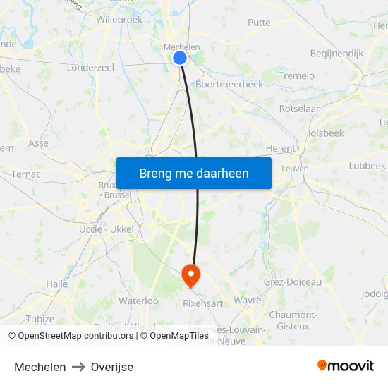 Mechelen to Overijse map