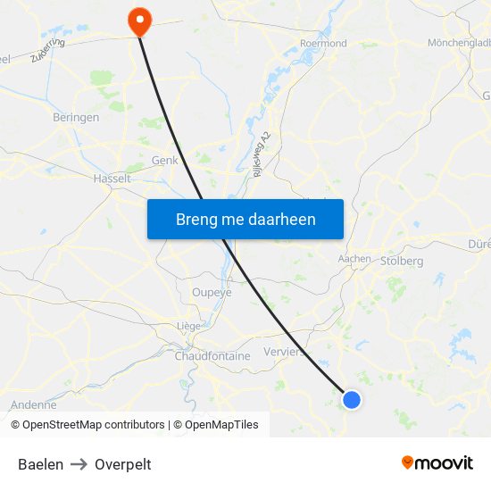 Baelen to Overpelt map