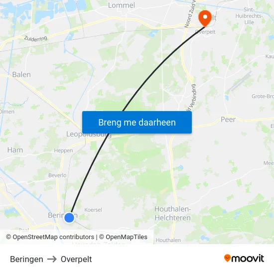 Beringen to Overpelt map