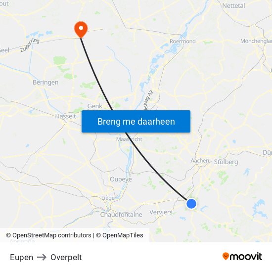 Eupen to Overpelt map