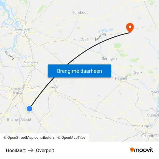Hoeilaart to Overpelt map