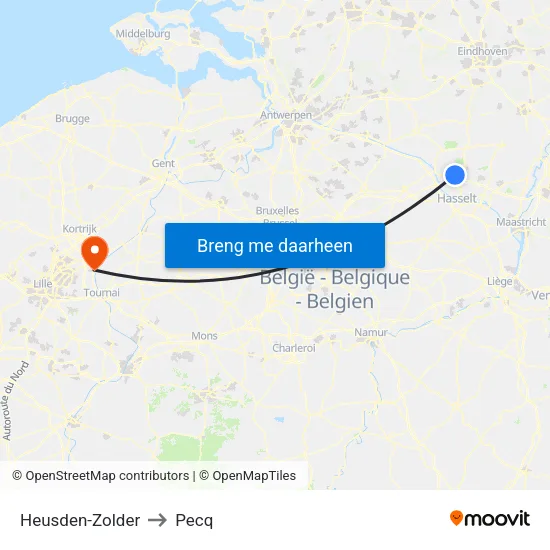Heusden-Zolder to Pecq map