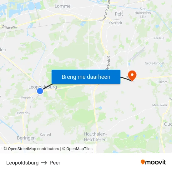 Leopoldsburg to Peer map