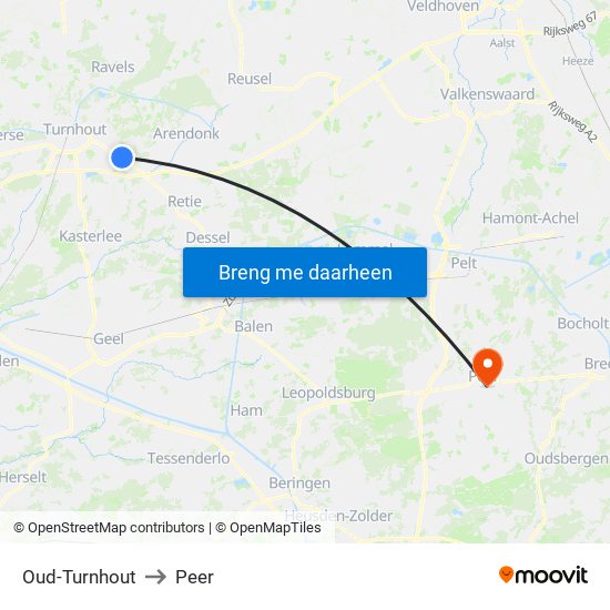 Oud-Turnhout to Peer map