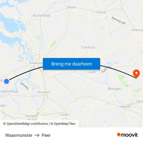 Waasmunster to Peer map