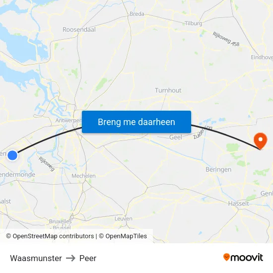 Waasmunster to Peer map