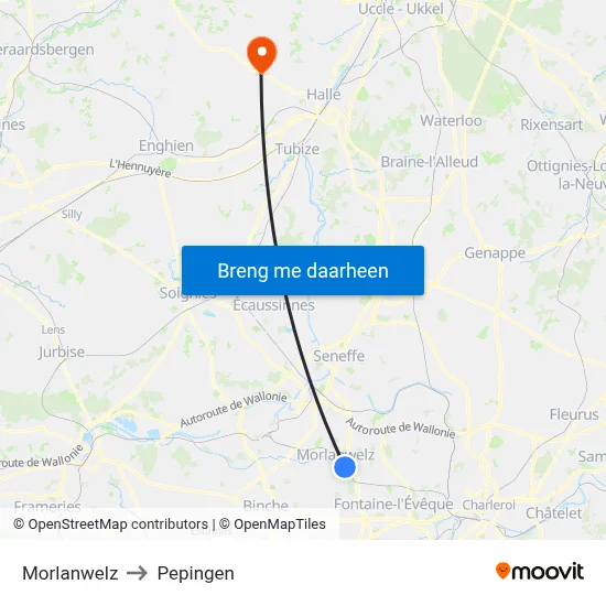 Morlanwelz to Pepingen map