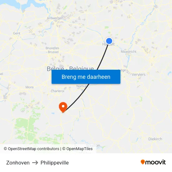 Zonhoven to Philippeville map