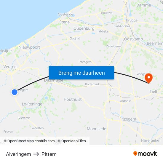 Alveringem to Pittem map