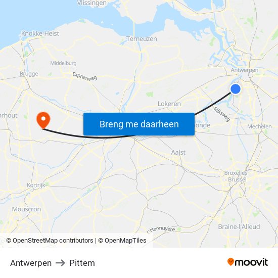 Antwerpen to Pittem map