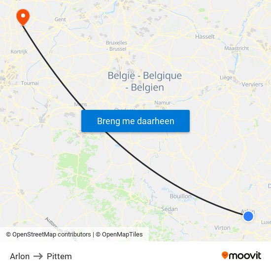 Arlon to Pittem map