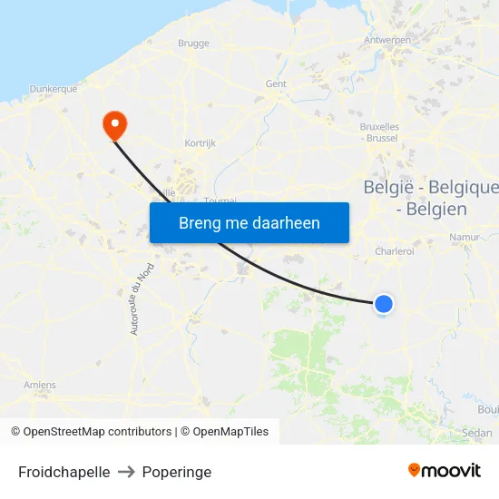 Froidchapelle to Poperinge map