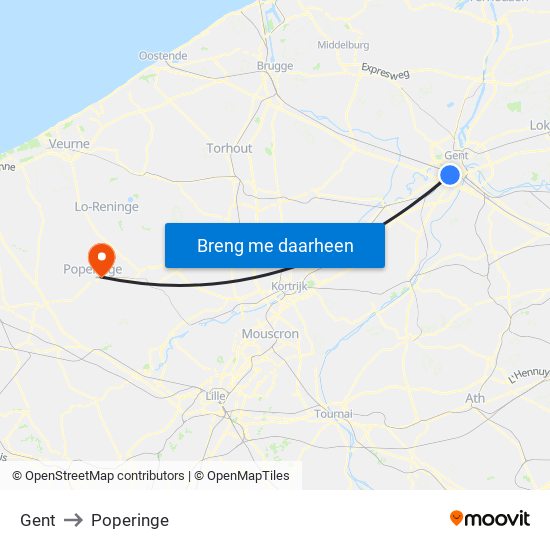 Gent to Poperinge map