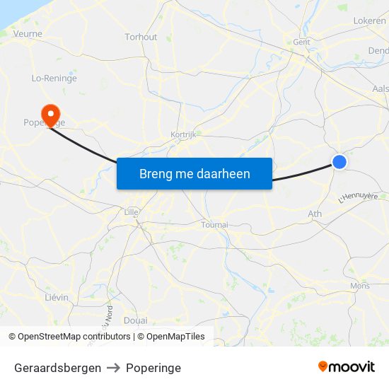 Geraardsbergen to Poperinge map