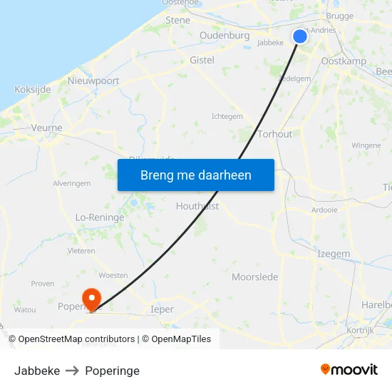 Jabbeke to Poperinge map