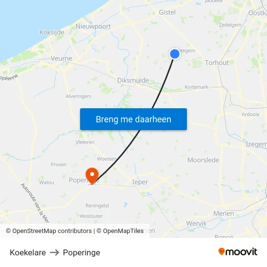 Koekelare to Poperinge map