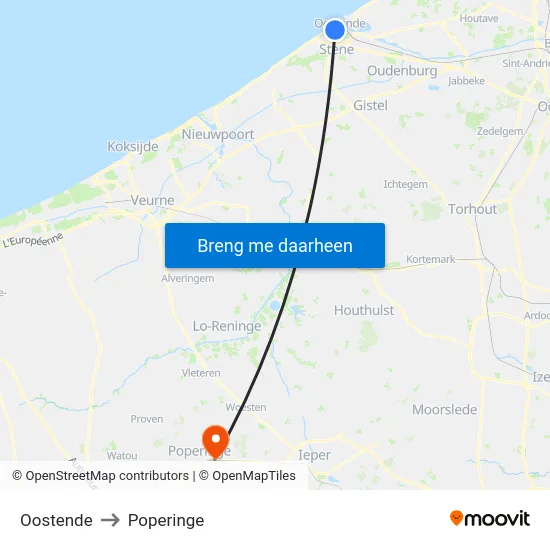 Oostende to Poperinge map