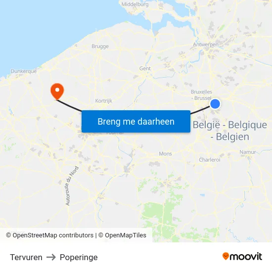 Tervuren to Poperinge map