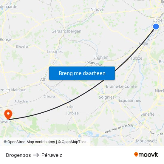 Drogenbos to Péruwelz map