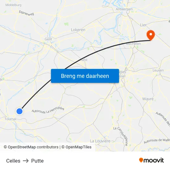 Celles to Putte map