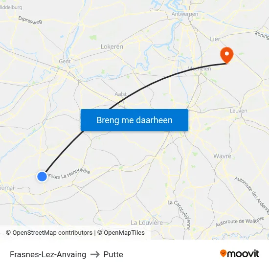 Frasnes-Lez-Anvaing to Putte map