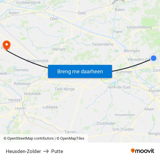 Heusden-Zolder to Putte map