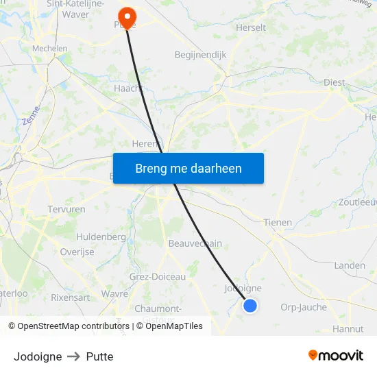 Jodoigne to Putte map