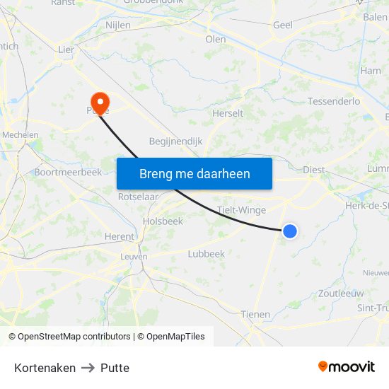 Kortenaken to Putte map