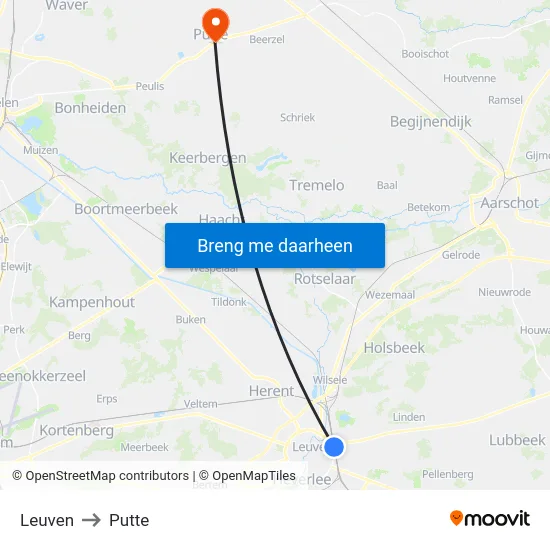Leuven to Putte map