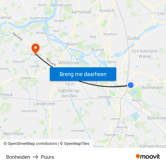 Bonheiden to Puurs map