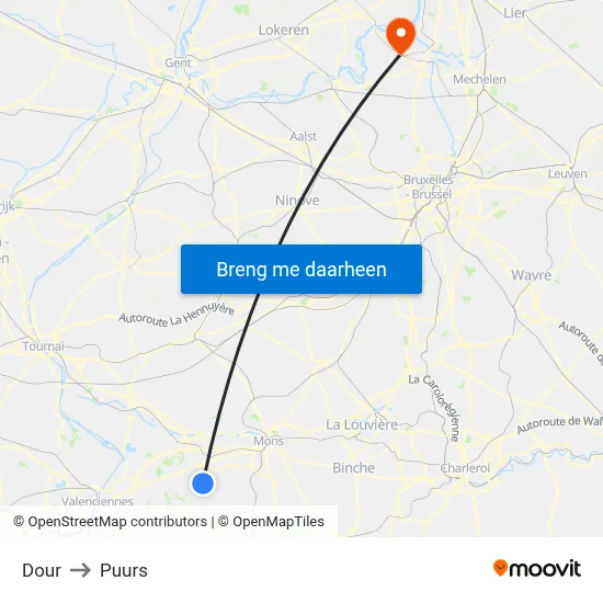Dour to Puurs map