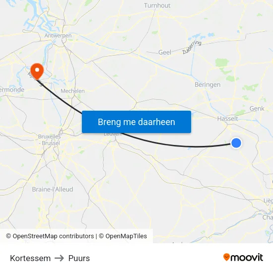 Kortessem to Puurs map