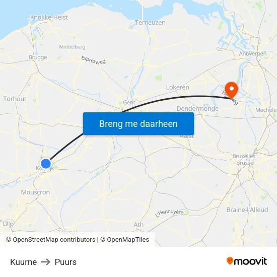 Kuurne to Puurs map