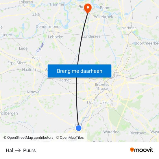 Hal to Puurs map