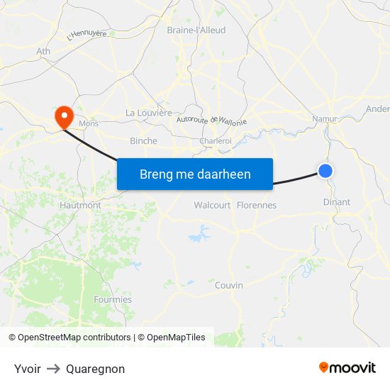 Yvoir to Quaregnon map