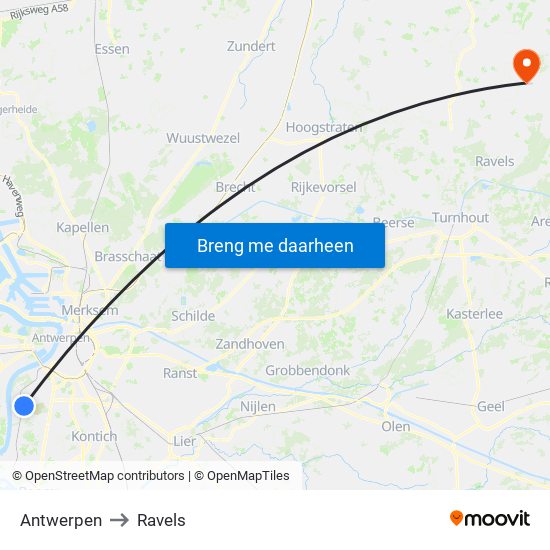 Antwerpen to Ravels map