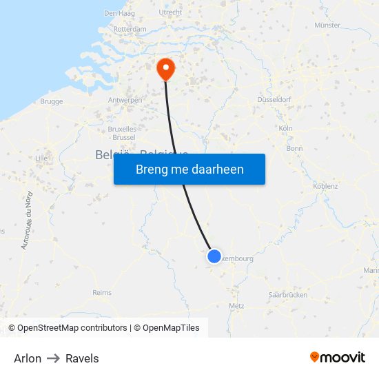 Arlon to Ravels map