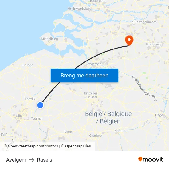 Avelgem to Ravels map