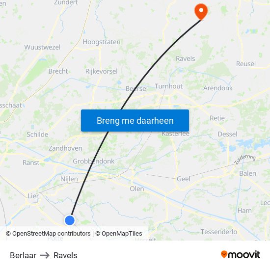 Berlaar to Ravels map