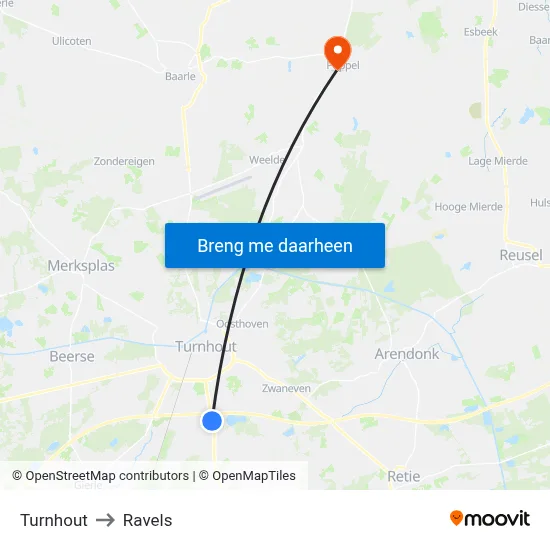 Turnhout to Ravels map