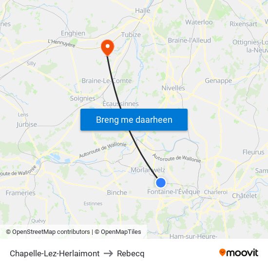 Chapelle-Lez-Herlaimont to Rebecq map
